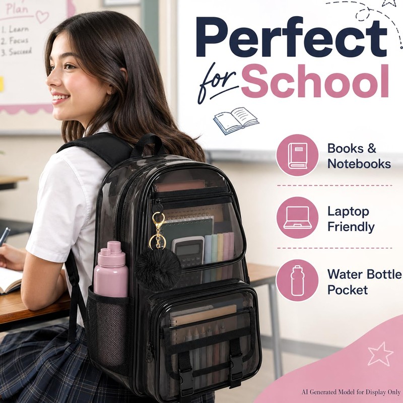 KLFVB Clear Backpack Heavy Duty, 3PCS See Through School Bag