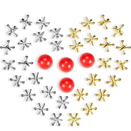 Gejoy 4 Set Vintage Metal Jacks and Ball Toys Kit Retro Jax Game Classic Board Games Include 40 Pieces Metallic Jacks and 4 Pieces Red Rubber Balls with Bag for Kids Adults Family Holiday Party Favor