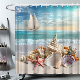 ZFMRZF Beach Shower Curtain, Coastal Ocean Scene with Seashells, Starfish, and Sailboat, Nautical Summer Bathroom Decor Polyester Curtains Set with Hooks 70x70 Inch