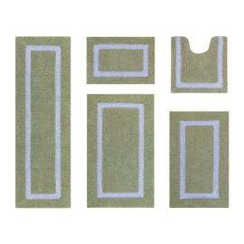 Better Trends 100% Cotton Hotel Collection Bath Mats Set, Sage & White Mats - Tufted, Reversible & Absorbent & Machine Washable 5 Piece Bathroom Rug Set, for Toilet Base, Runner for Tub, Shower