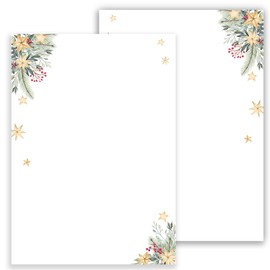 Christmas Letter Paper / Envelope Set with Green Branches and Stars Printed 2 Sides A4 120 g/m² C6 80 g/m² from 10 to 50 Sheets with Envelopes (50 Writing Paper without Envelopes)