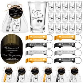 Vesici 50 Set Retirement Party Favors for Guests 3 colors Bottle Opener Keychains Bulk Cheers to Retirement Acrylic Short Glasses Thank You Tags with Organza Bags Twine Party Souvenirs Gifts
