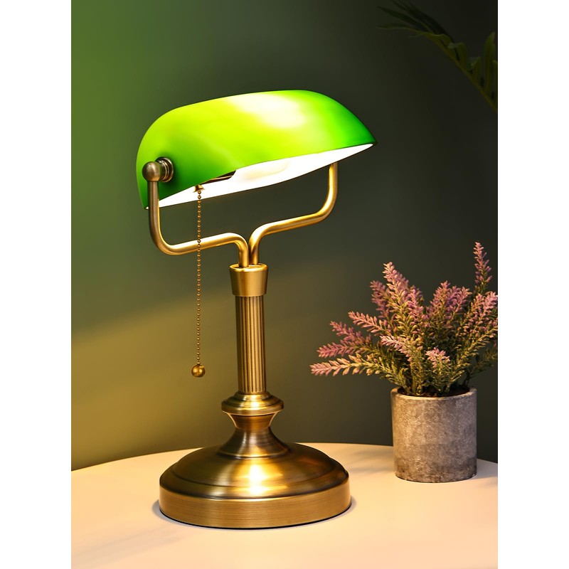 LOFOB Traditional Banker's Desk Lamp with Glass Shade,Pull Chain Switch,