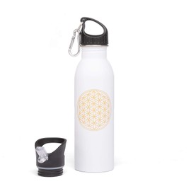 Bodhi Stainless Steel Water Bottle, Super Light, Colourful Printed with Colourful Design Motifs, 700 ml, Includes Carabiner Lid and Sports Top, for Sports, Travel and Leisure (Flower of Life, White)