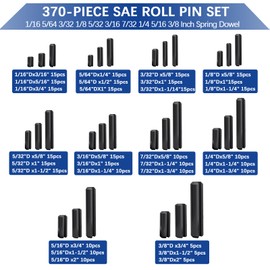 370 Pcs Roll pin Assortment, SAE Roll Pin Set, Slotted Spring Pins, Steel Split Expansion Pin, Black Roll Pins, 1/16 5/64 3/32 1/8 5/32 3/16 7/32 1/4 5/16 3/8 Inch Spring Dowel