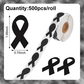 WANDIC Black Ribbon Sticker, 500 Pcs Awareness Stickers Labels Roll Melanoma Awareness Ribbon Package Sealing for Mourning Remembrance Day Event Letter Bags