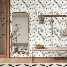 VaryStyle Beige Bee Floral Wallpaper Vintage Embroidery Bee Floral Peel and Stick Wallpaper for Kitchen Bathroom Waterproof Vinyl Sticky Beige Contact Paper for Drawer Farmhouse Shelf Liner 17.7"x393"