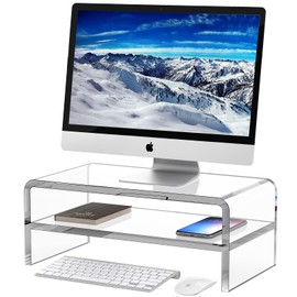 Egchi Acrylic Monitor Stand Riser, 2 Tier Clear Computer Monitor Stand for Home Office Business, PC Desk Stand Monitor Riser for Keyboard Storage, Laptop, Printer and TV Screen -12x7.2x5.5 inches