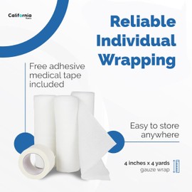 California Basics 36-Pack Gauze Bandage Roll with Tape, 4 Inches x 4 Yards - Soft, Stretchable & Breathable Wrap for Wound Care, First Aid & Medical Supplies - White