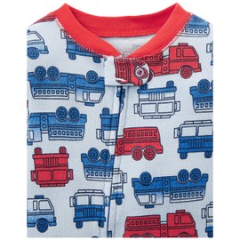 Simple Joys by Carter's Baby Boys' 3-Pack Snug Fit Footed Cotton Pajamas, Blue Firetruck/Grey Stripe/White Dinosaur, 3T