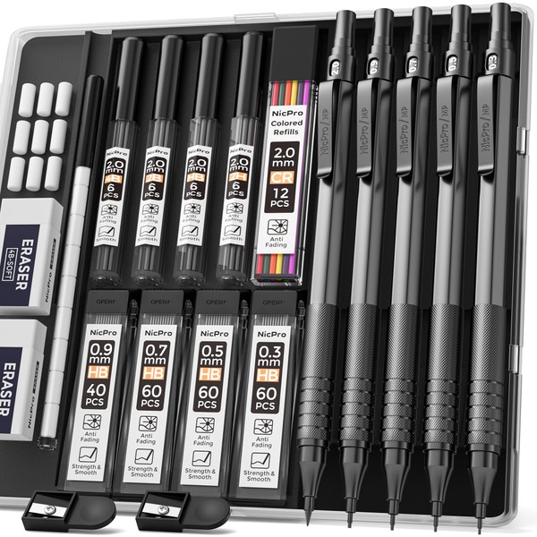 Nicpro Black Art Mechanical Pencil Set, 5PCS Metal Drafting Mechanical