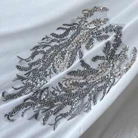 JRYYR Beaded Lace Applique, Floral Sequin Patch, Silver Applique for DIY Neckline Wedding Bridal Prom Dresses Costumes 14.1x4.9 inches 1 Pair (Gray)