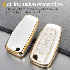 CTRINEWS for Ford Key Fob Cover with Upgraded Anti-lost Luxury Keychains, Fashionable Matte Metallic Silver Soft Case for Fusion Mustang F150-350 Explorer(5 Button) (Gold, B)