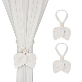 2 Pack Boho Curtain Tiebacks,Hand Knitting Cotton Curtain Holdbacks with Adjustable Natural Wooden Bead,Double Leaves Farmhouse Theme Curtain Tie Backs, for Indoor Outdoor Drapes Decorative,(Beige)