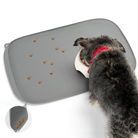 Silicone Dog Food Mat with Side Pocket & Hook Hole, Soft Raised Edges, Easy Clean Waterproof Non-Slip Pet Feeding Mat for Cats and Dogs Water Bowl, Pets Accessories(18"x12",Grey)