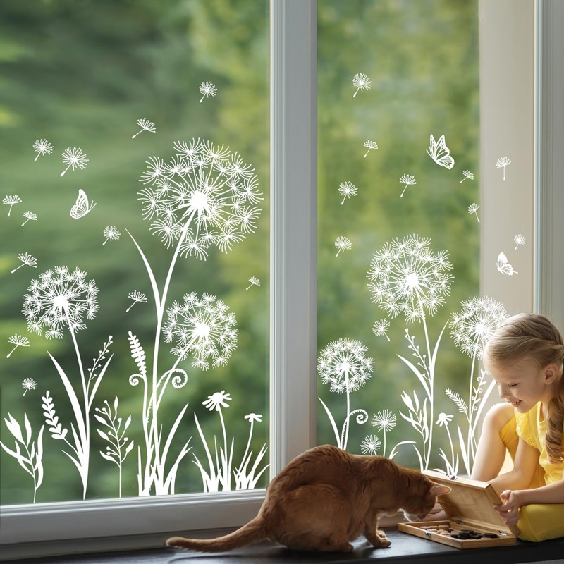 Tanlaby White Dandelion Window Clings Flowers Butterflies Static Window Stickers