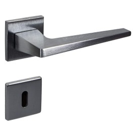 JUVA Door Handle Set Brass Door Fitting Matt Chrome 1 Door Handle Room Door - FLAKE | BB - Deadlock | Handle Pair L-Shape Square on Rosette | Design Door Handle Set for Interior Doors with Screws