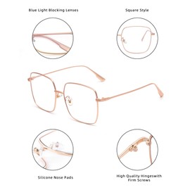 JM Anti Blue Light Blocking Glasses Oversized Square Metal Wide Frame Computer Glasses for Women Pink