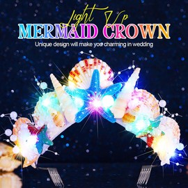 Kilshye Light Up Mermaid Crown Starfish Tiara Shell Headband Hair Accessories for Women