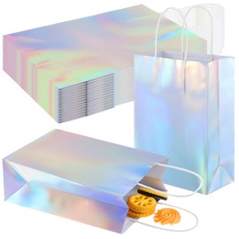 30 Pcs Iridescent Gift Bags Holographic Party Favor Bag with Handle 6.3 x 3.15 x 8.66 Inch Glitter Foil Paper Candy Goodie Handbag for Disco Wedding Baby Shower Birthday Thank You Party Supplies