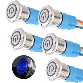 DMWD 5Pcs 19mm Metal Latching Push Button Switch Waterproof 12V-24V 1NO 1NC ON-Off with Pigtail for 3/4" Mounting Hole Power Symbol Blue LED