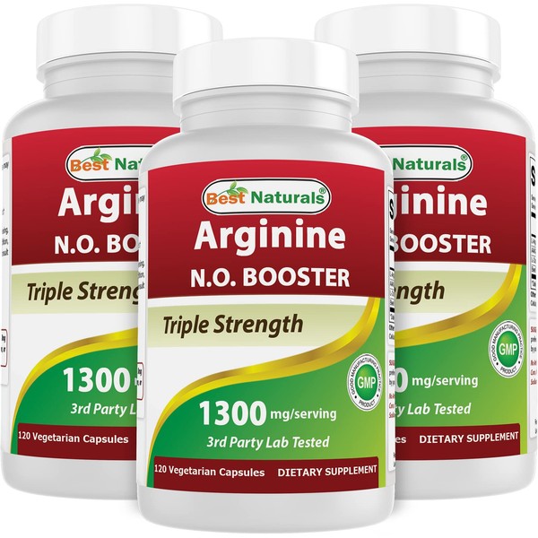 Best Naturals L-Arginine NO Booster Triple Strength 1300 mg Serving 120 Veg Capsules (120 Count (Pack of 3))