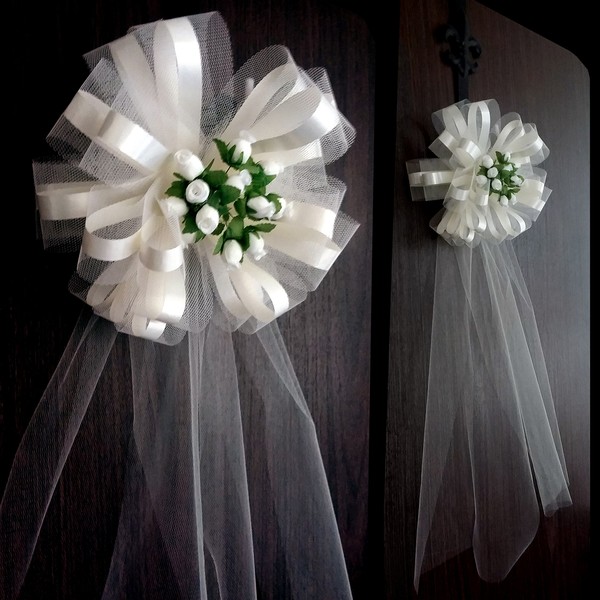 Large Ivory Assembled Wedding Pew Bows with Rosebuds and Tulle