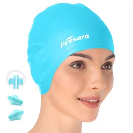 firesara Swimming Cap, Original Updated Swimming Cap 3D Ergonomic Design Comfortable Durable Ear Protection for Women Children Men Boys Girls for Long or Short Hair with Nose Clip and Ear Plugs