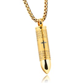 Mens Cross Pendant Necklace for Men Black Gold Urn Lord's Prayer Stainless Steel Ash Memorial Bullet Chain Nice Gifts (Gold)