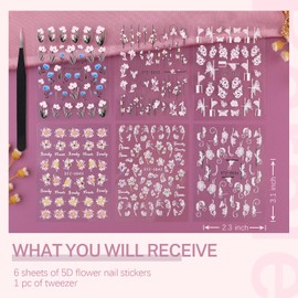 6 Sheets 5D Flower Nail Stickers for Nail Art, 3D Embossed Hollow Butterfly Pegatinas Uñas Nail Accessories Acrylic Self Adhesive Pink White Floral Lace Nail Decals Supplies for Women Spring Summer