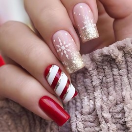 Christmas Nails Almond Press On With Golden Red French Glitter Stripes Design - 24Pcs Fake Nails With Glue