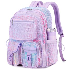 MOONBABY Mesh Backpack Heavy Duty See Through Net Bookbag Semi-Transparent Net Back Pack for Beach, Swimming, Sports, Work, Travel (Purple Leopard)