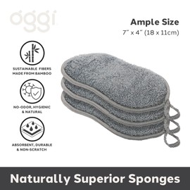 OGGI Bambou Odor-Free Kitchen Sponges - Natural Kitchen Sponges for Dishes, 91% Bamboo-Derived Rayon Cellulose Fiber, Reusable, Absorbent, Hygienic, Durable, Non-Scratch, Washable - 3 pcs, 7x4