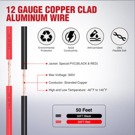 Nilight 50FT 12AWG Copper Clad Aluminum Wire 12/2 Gauge Red Black