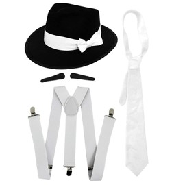 GANGSTER FANCY DRESS ACCESSORY SET WHITE TIE + WHITE BRACES + 3X SPIV MOUSTACHES + BLACK TRILBY HAT 1920'S MOB GANGSTER MEN AL CAPONE