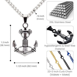 BlackJack Men’s Anchor Pendant, 316L Stainless Steel Necklace White/Gold/Black/Blue with a 24” Curb Chain, Simple Jewelry Gifts (Silver)