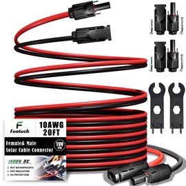 Feotech Twin Wire 20FT Solar Extension Cable - 10AWG (6mm²) Solar Panel Connector, with IP67-Male/Female Solar connectors for Outdoor Automotive RV Boat Marine Solar Panel- Black & Red