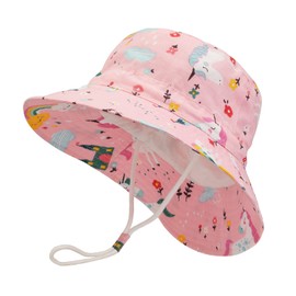 JUPSK Kids Bucket Hat, Unisex Child Summer Hat Wide Brim Sun Protection Hat, Foldable Beach Cap with Adjustable Chin Strap UPF 50+ Outdoor Play Hat for Baby Boys Girls Infant Kids Toddler Pink