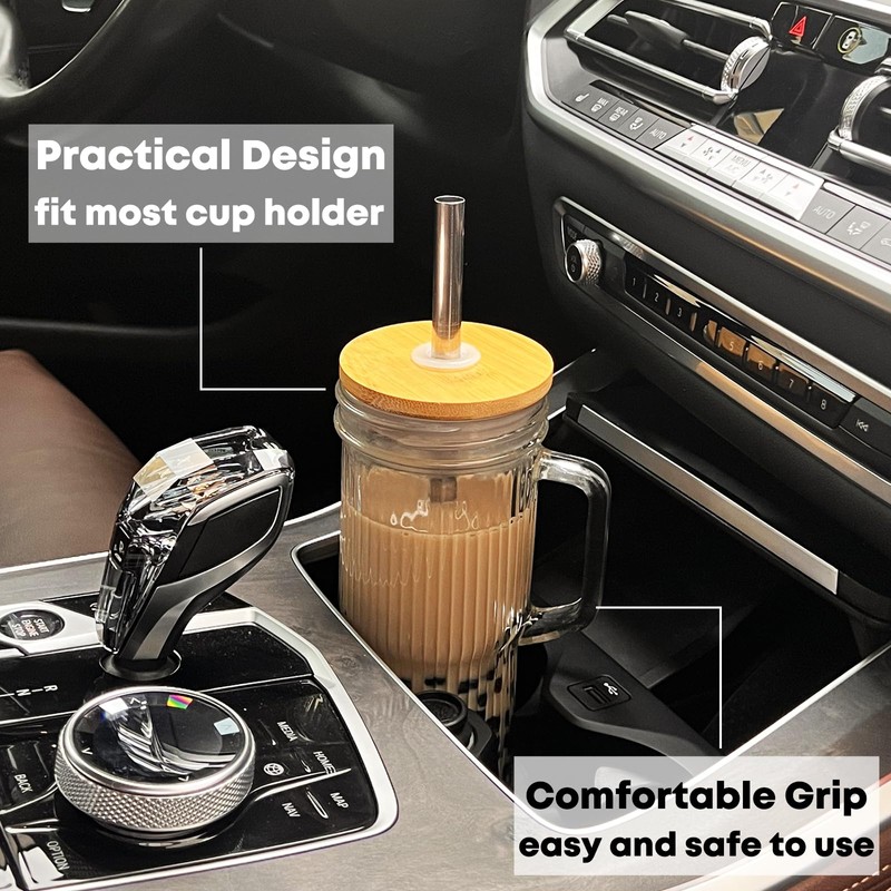 ALINK 24oz Ribbed Glass Cups with Bamboo Lids and Straws,