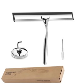 25 cm Shower Squeegee Set, Shower Cubicle Squeegee Stainless Steel, Large Silver Squeegee Shower, Squeegee Shower with Suction Cup Hook, for Shower, Bathroom, Tiles, Mirrors, Windows