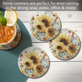 Thirstystone Sunflowers Forever 4 Pack Round Absorbent Stone Coasters with Protective Cork Backing Manufactured in The USA Artistic Absorbent Easily Wipes Clean