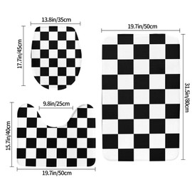 Jbofyee Black White Checkered Print 3 Piece Bathroom Rugs Set, Bath Mat + Contour Mat + Toilet Seat Cover, Non-Slip Soft Microfiber Checkerboard Bathmat for Tub Shower Room Decor, Machine Washable
