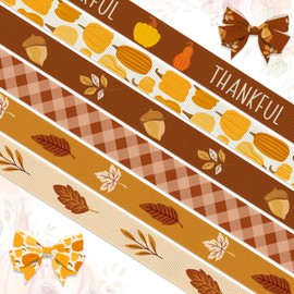 Hying 6 PCS Fall Leaves Ribbons for Crafting, 3/8" Width Thanksgiving Grosgrain Ribbons Brown Orange Ribbon Autumn Pumpkins Craft Ribbons for Gift Wrapping DIY Fall Thanksgiving Decoration