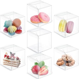 PayPie 45 Pack Clear Favor Boxes 3x3x3 Inches with Ribbons, Clear Plastic Cube Candy Boxes Party Favor Treat Boxes for Birthday Wedding Shower Party Decorations