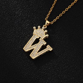 UALGL A-Z Letters Necklace Crown Necklace for Men Women 18K Gold Plated Letters Pendants with 23'' Chain Hip Hop Alphabet Name Jewelry Mom Gifts (Yellow-w)