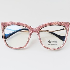 ICARA Cat Eye Crystal Rhinestone Reading Glasses Sparkling Eyewear Female Trendy Diamond Blue Light Blocking Reader (Pink-2, 2.5, x)