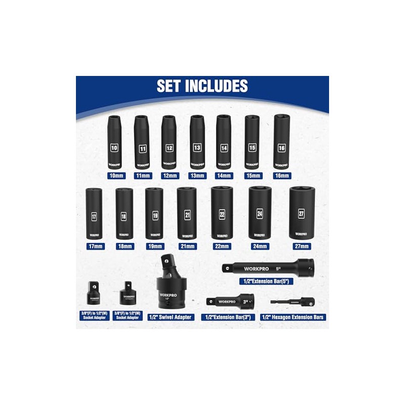 WORKPRO 20-Piece 1/2＂ Drive Deep Impact Socket Set, 6-Point, Cr-V