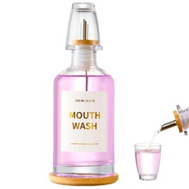 Glass Mouthwash Dispenser for Bathroom, 11.8oz Mouthwash Decanter Bottle with Stianless Steel Spouts, Mouthwash Containeer with Bamboo Holder, Refillable Cups, Reusable Funnel, Golden Stickers