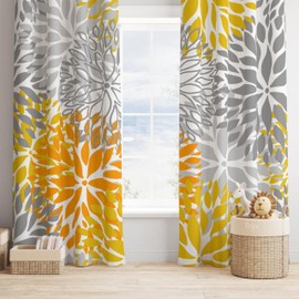 Yellow Gray Floral Curtains, Boho Dahlia Chrisanthemum Flowers Colorful Window Treatments for Living Room Bedroom Kitchen, Floral Seamless Pattern Blackout Drapes 2 Panel Sets,52x84 Inch