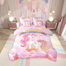 Erosebridal 7 Pcs Comforter Set Twin,Cute Rainbow Unicorn Bed in a Bag with Flat Sheet and Fitted Sheet for Kids Teens,Cartoon Kawaii Cute Pink Unicorn Stars Bedding Set with Pillowcase and Sham